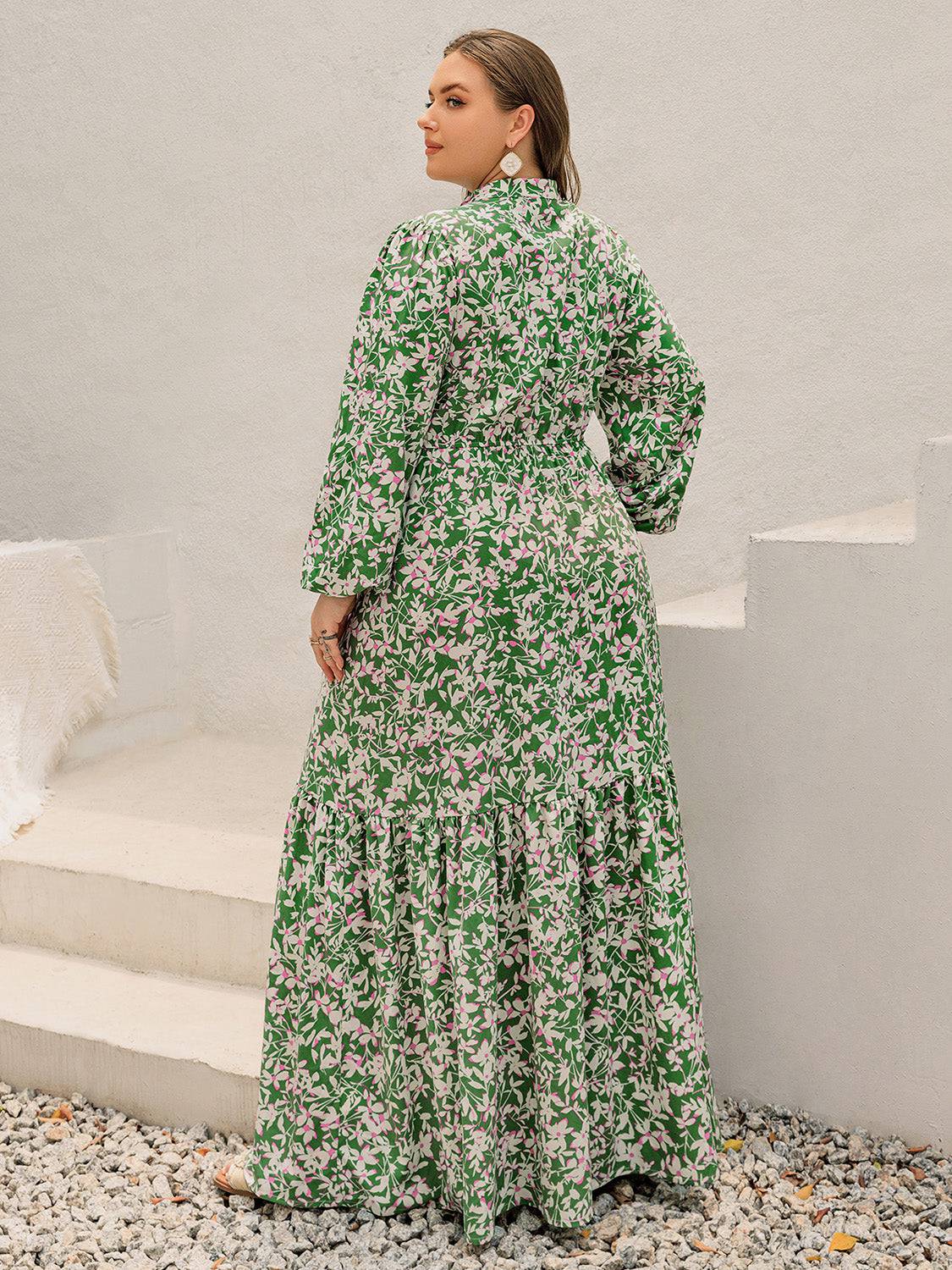 Plus Size Printed Notched Long Sleeve Maxi Dress - NEWYORKLISTED