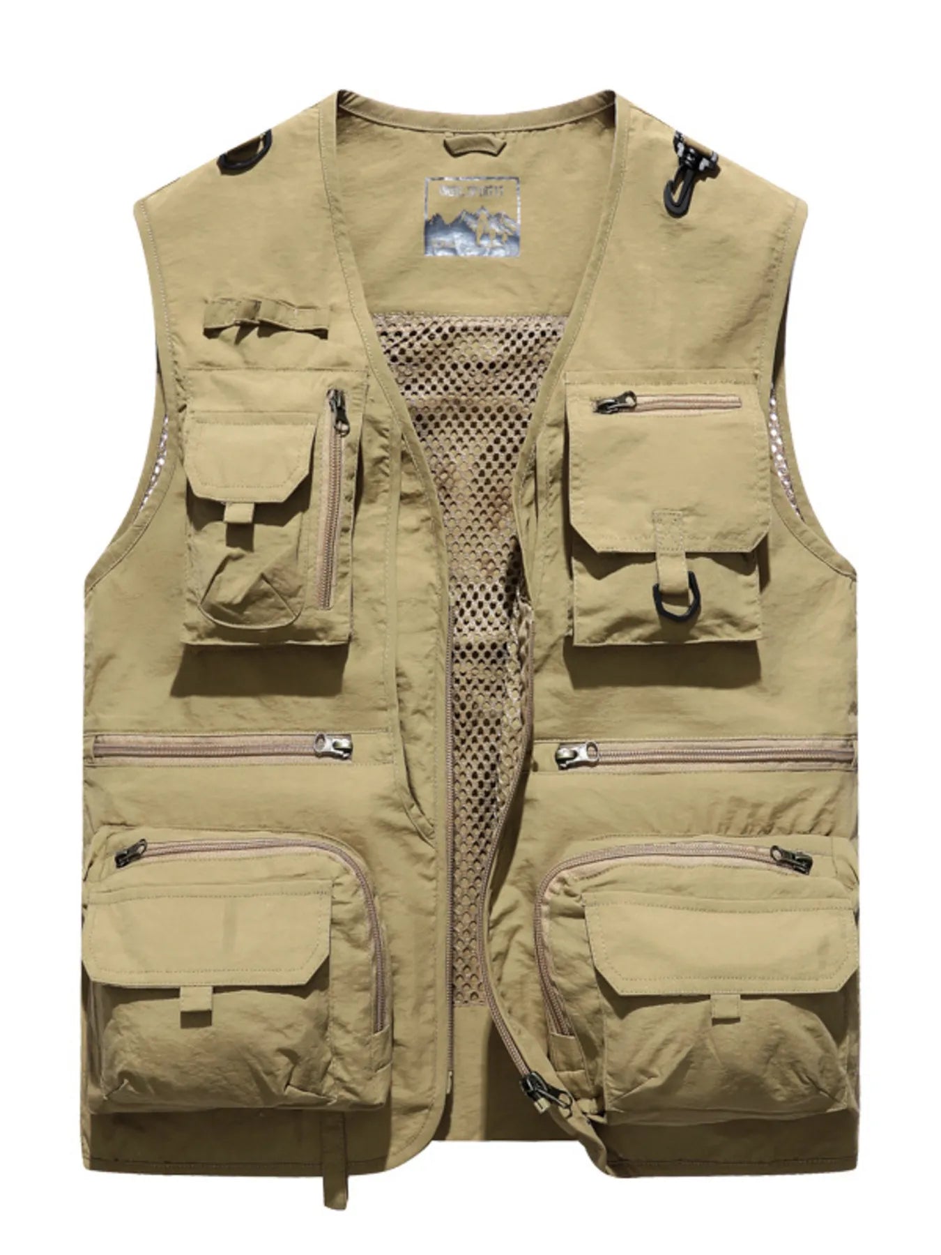 NEWYORKLISTED ATLAS MEN"S COLLECTION: Beige fishing vest with multiple pockets and zippers on a white background