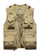 NEWYORKLISTED ATLAS MEN"S COLLECTION: Beige fishing vest with multiple pockets and zippers on a white background