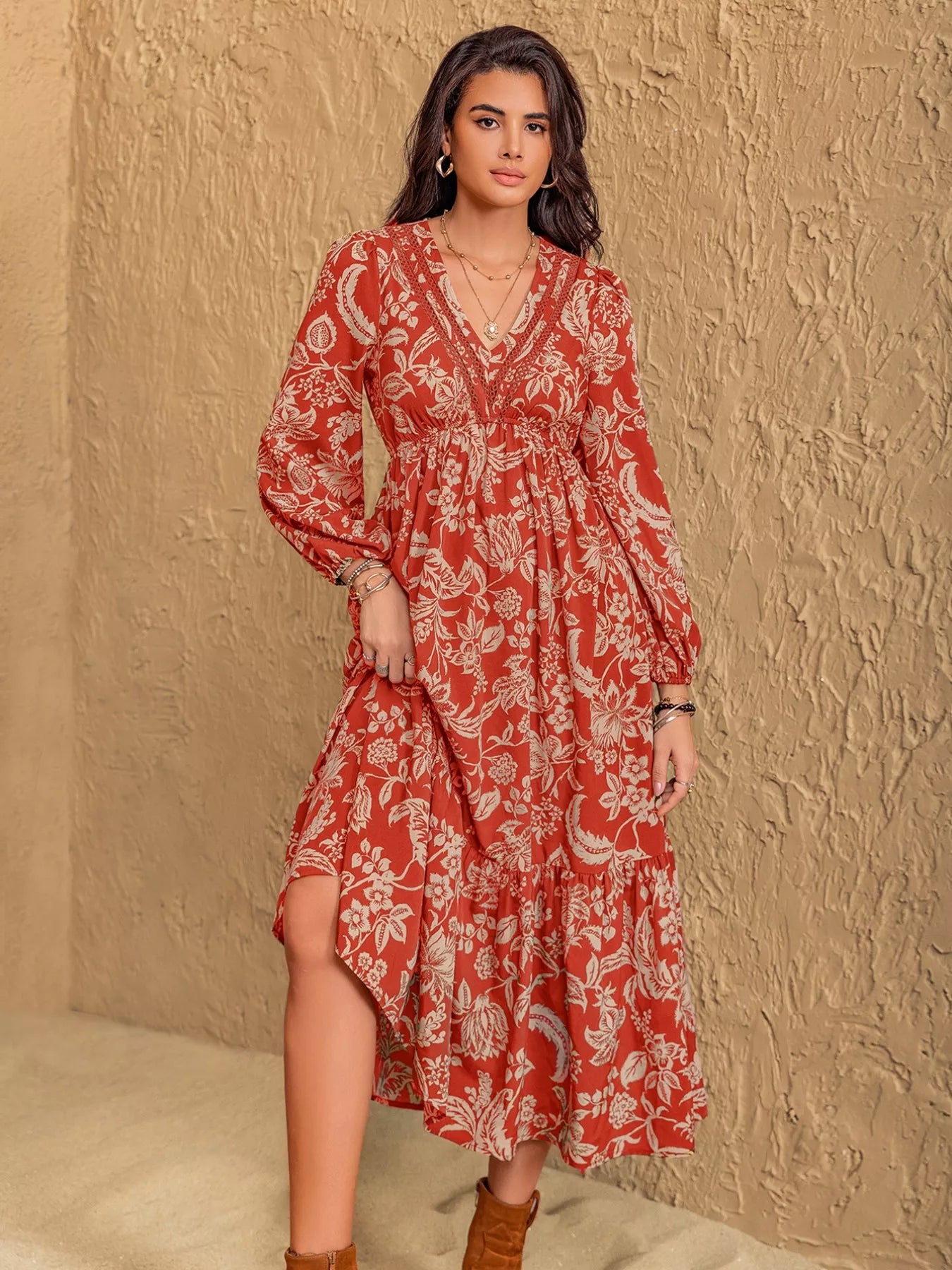 NEWYORKLISTED STYLE COLLECTION: Boho Floral Print Long Sleeve Midi Dress