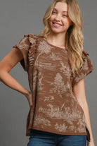 NEWYORKLISTED STYLE COLLECTION: Ruffle Short Sleeve Landscape Print Top - NEWYORKLISTED
