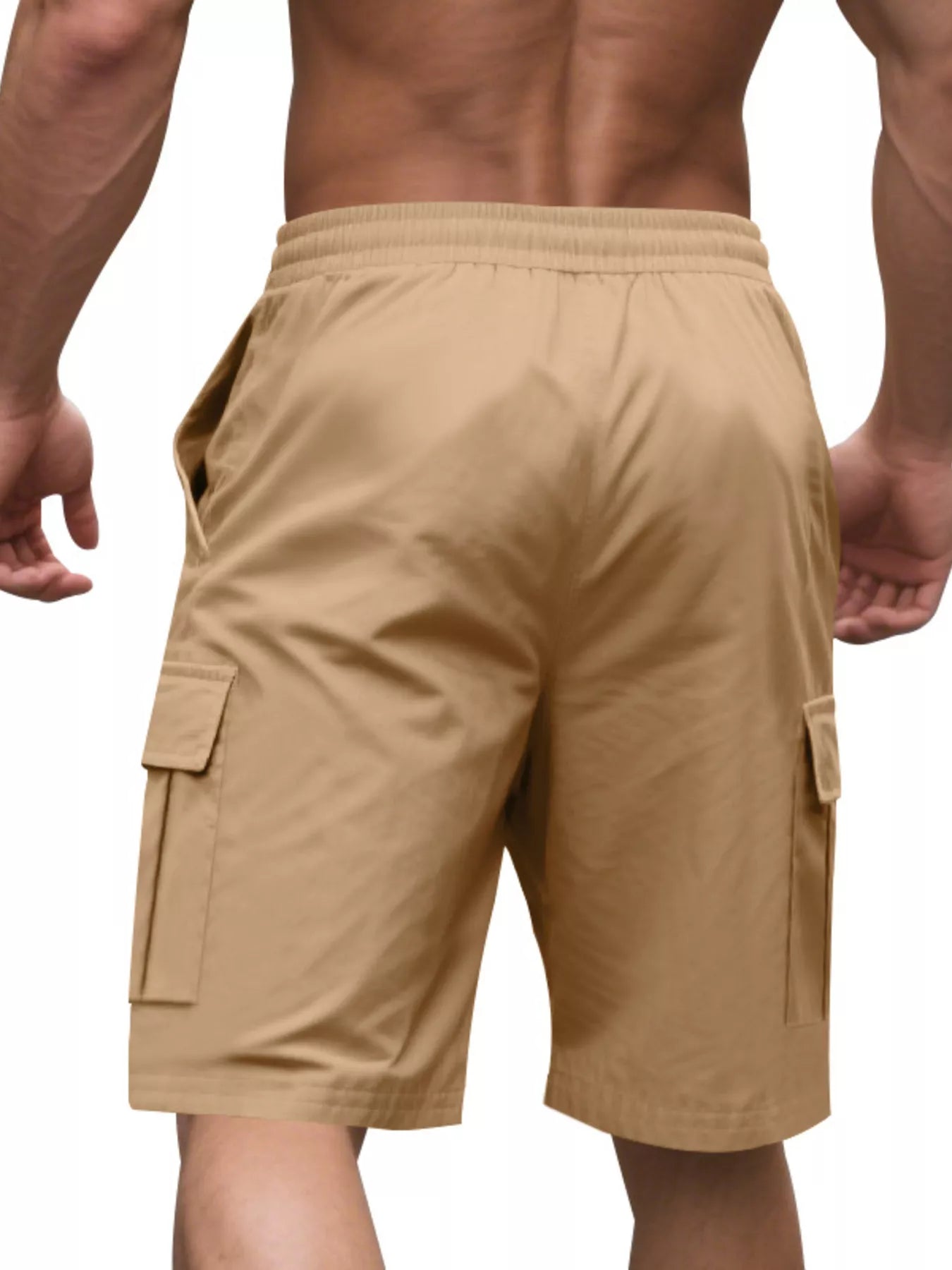 NEWYORKLISTED ATLAS MEN'S COLLECTION: Beige cargo shorts worn by a person on a white background