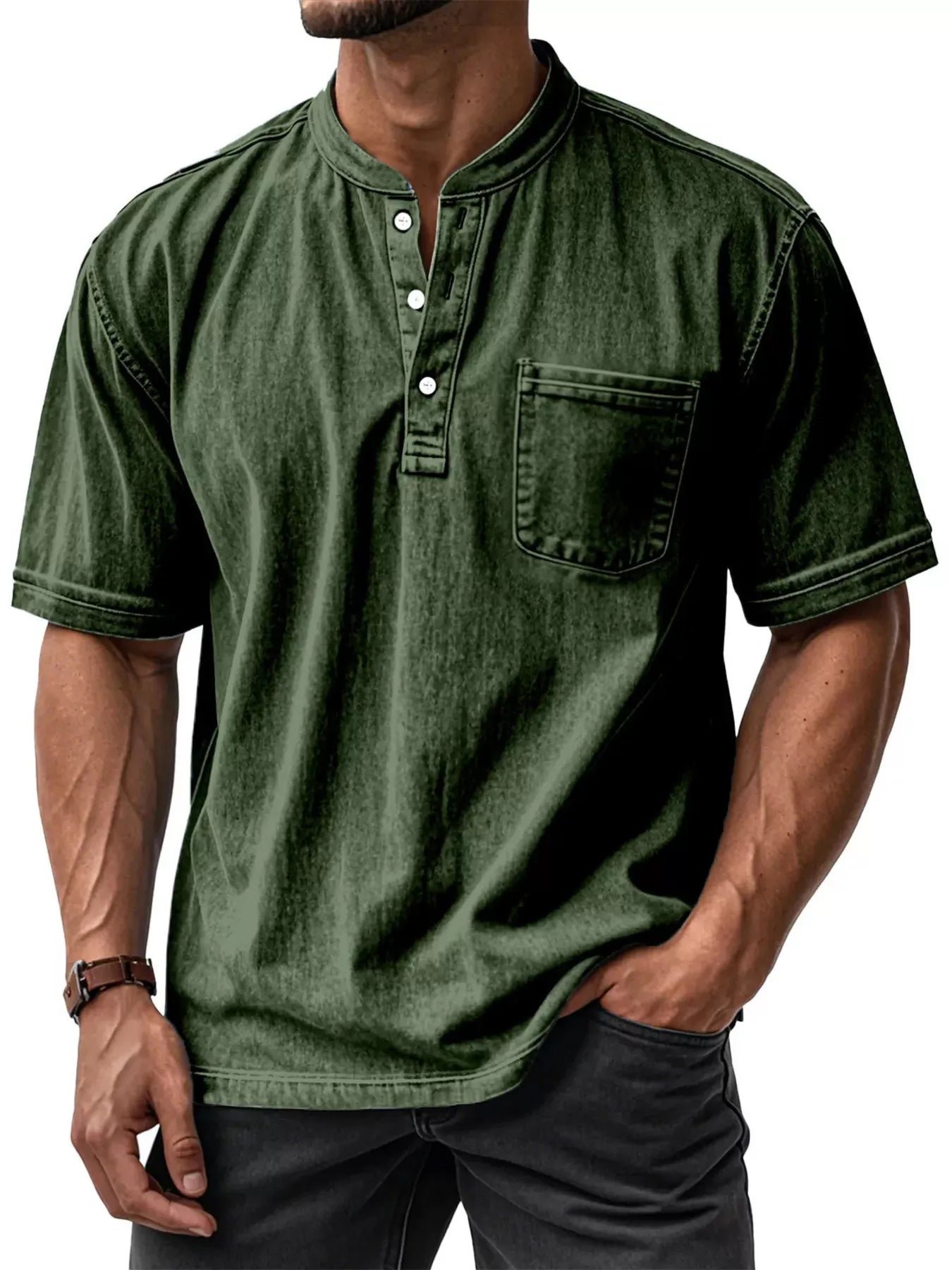NEWYORKLISTED ATLAS MEN'S COLLECTION: Green short-sleeve henley shirt worn by a person on a white background