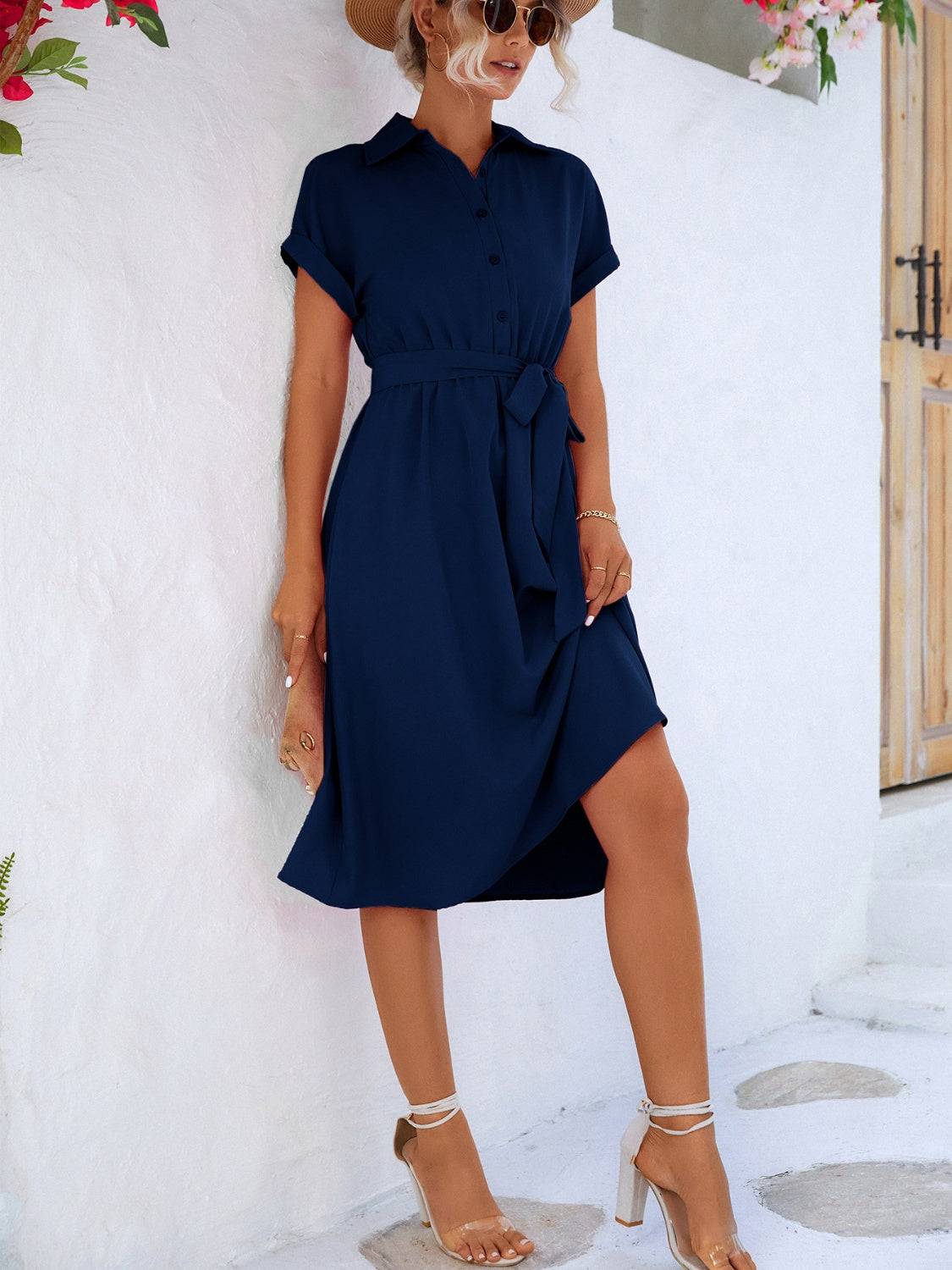 NYLD Buttoned Tie Waist Short Sleeve Dress - NEWYORKLISTED