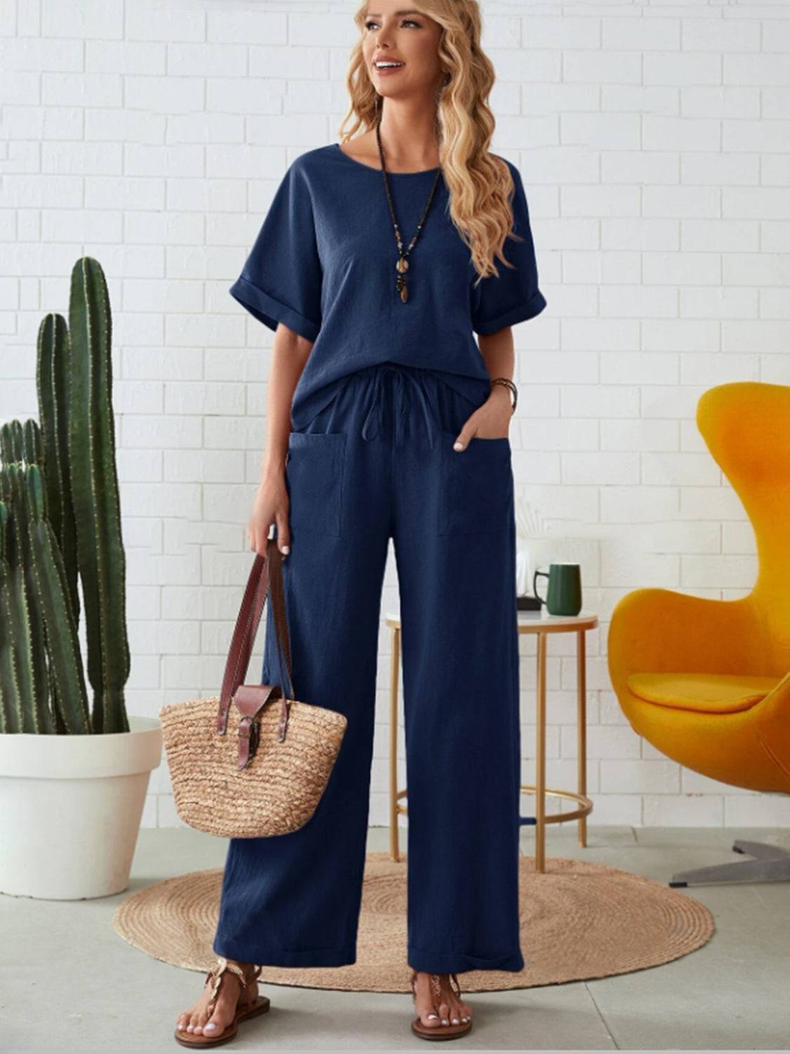 NYLD: Round Neck Half Sleeve Top and Pocketed Pants Set - NEWYORKLISTED
