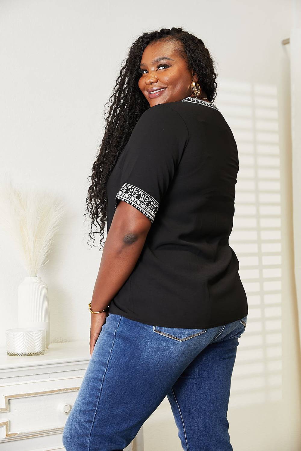 NEWYORKLISTED: Embroidered Notched Neck Top - NEWYORKLISTED
