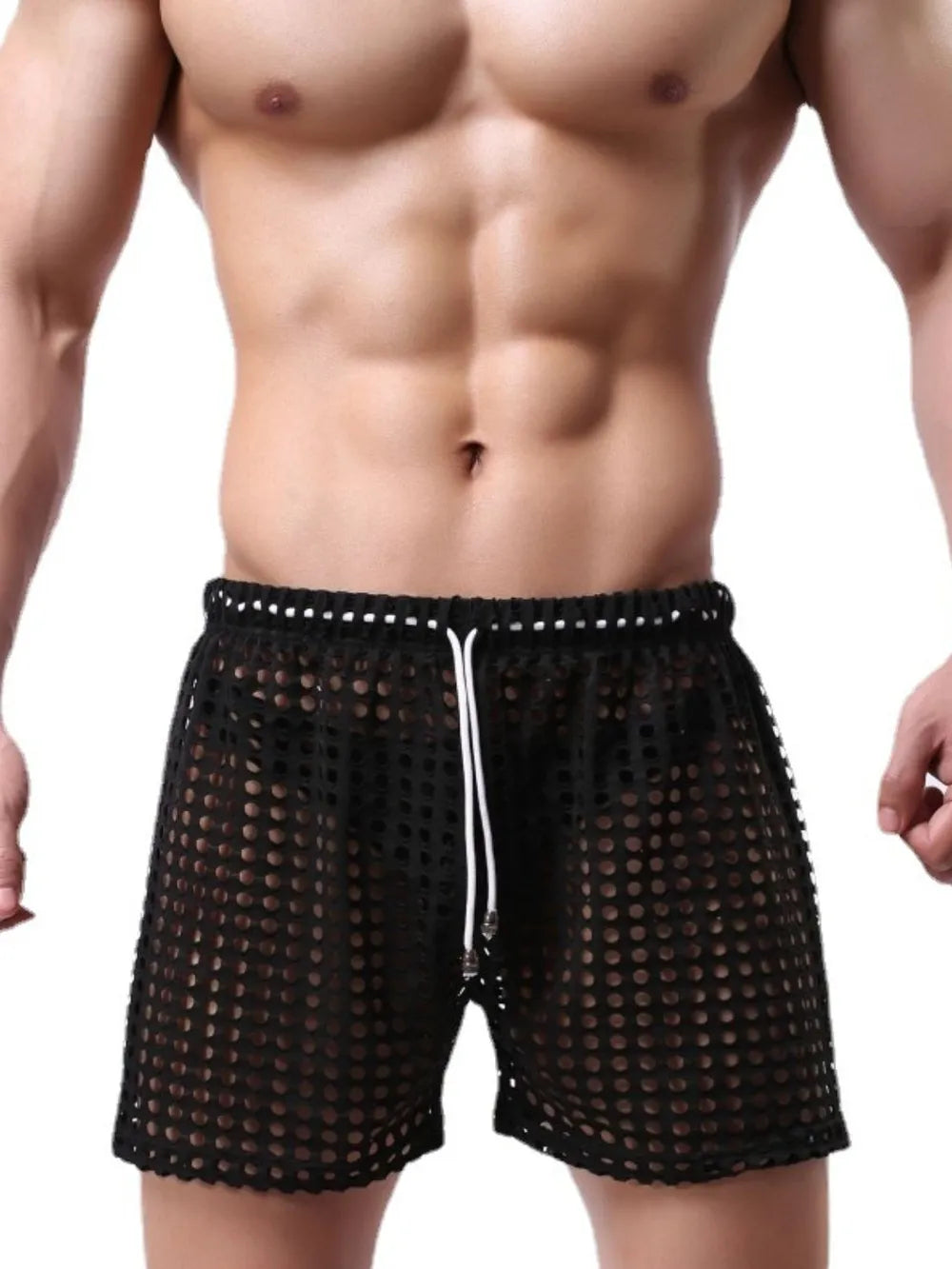 NEWYORKLISTED ATLAS MEN'S COLLECTION: Black mesh swim shorts worn by a person on a white background