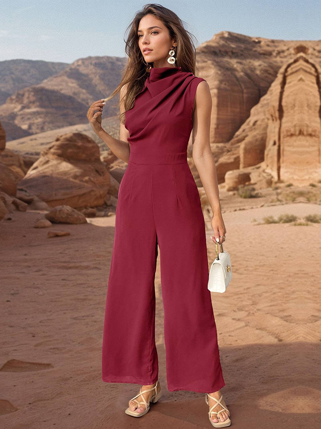 Perfee Ruched Mock Neck Sleeveless Jumpsuit - NEWYORKLISTED