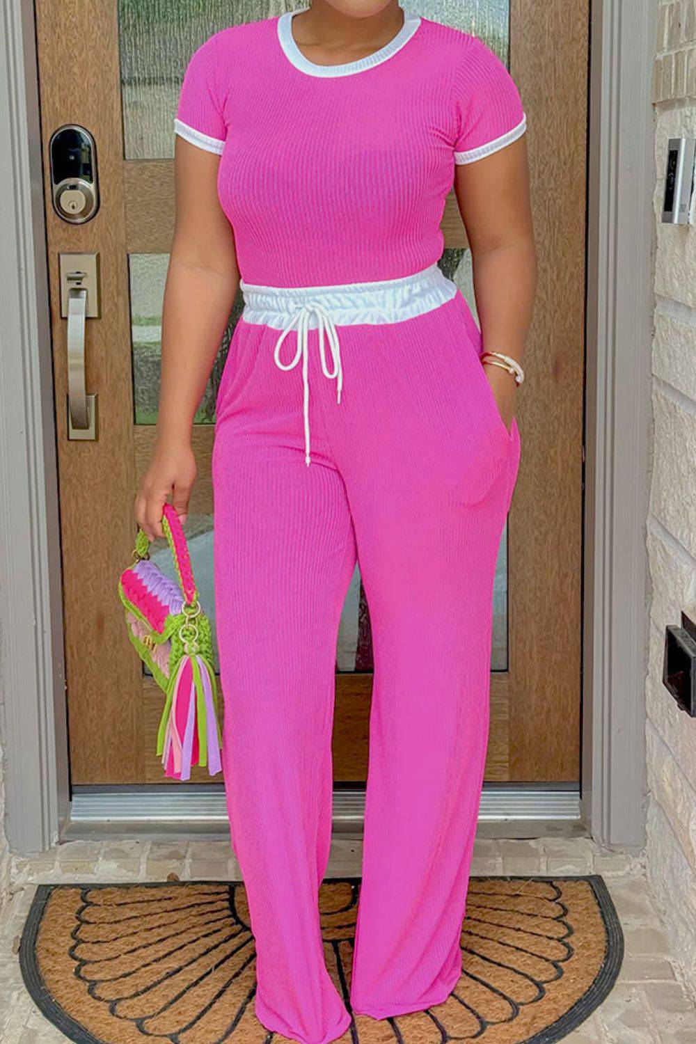 NYLD: Contrast Trim Round Neck Top and Pants Set - NEWYORKLISTED