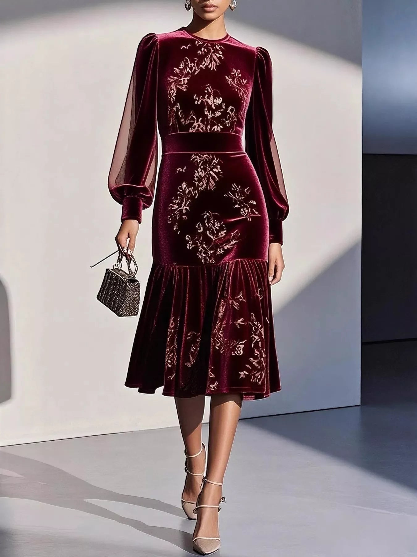 NEWYORKLISTED RUNWAY STYLE: Woman wearing a burgundy velvet dress with floral embroidery against a neutral background