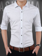 NEWYORKLISTED ATLAS MEN's COLLECTION: White shirt with black polka dots worn by a man on a dark background