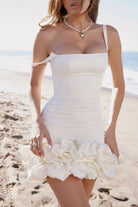 NEWYORKLISTED STYLE COLLECTION: Stretch Ruched Square Neck Mini Dress in White 