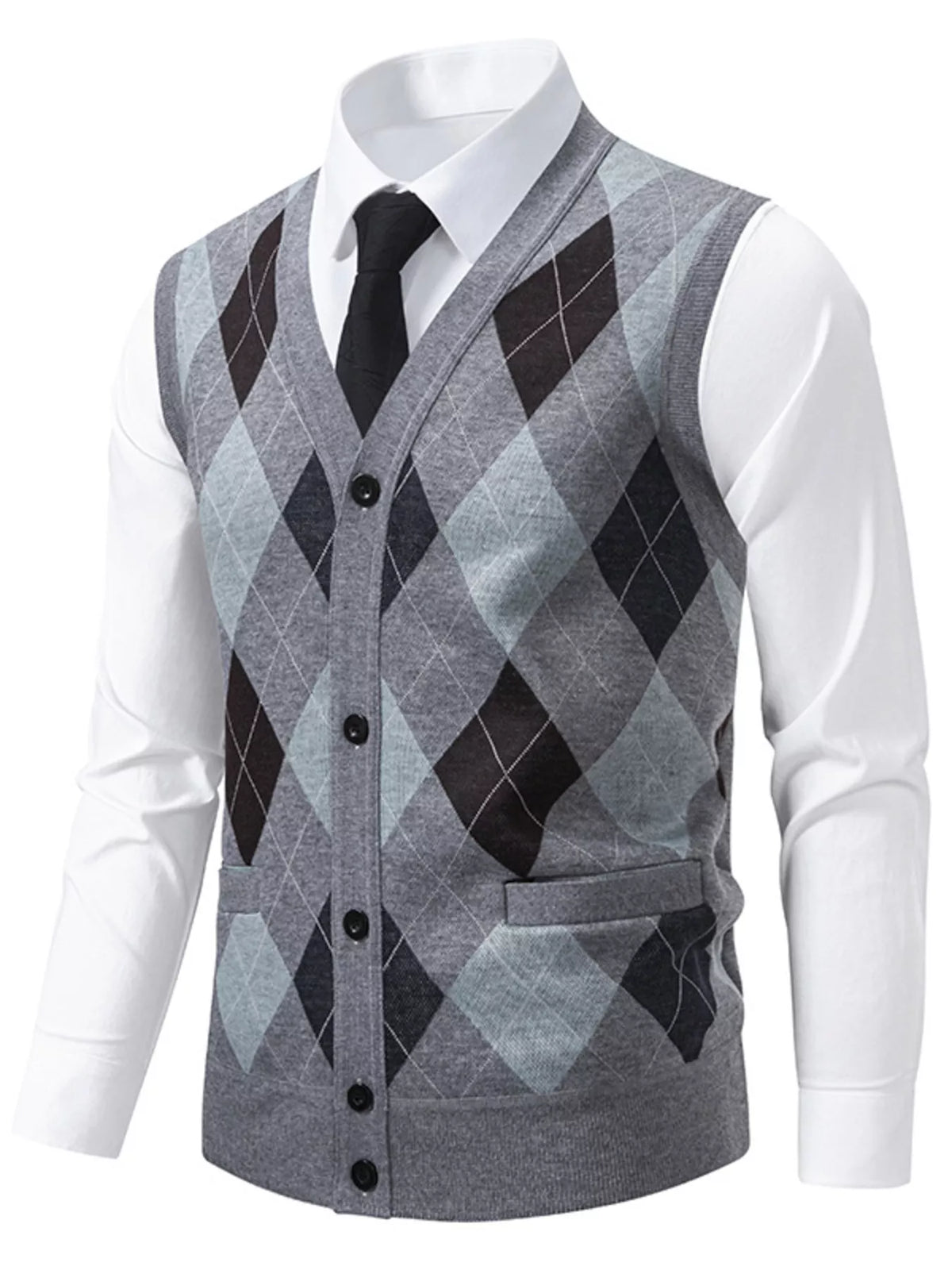 NEWYORKLISTED ATLAS MEN'S COLLECTION – Men's argyle V-neck button-down cardigan vest, product image 5