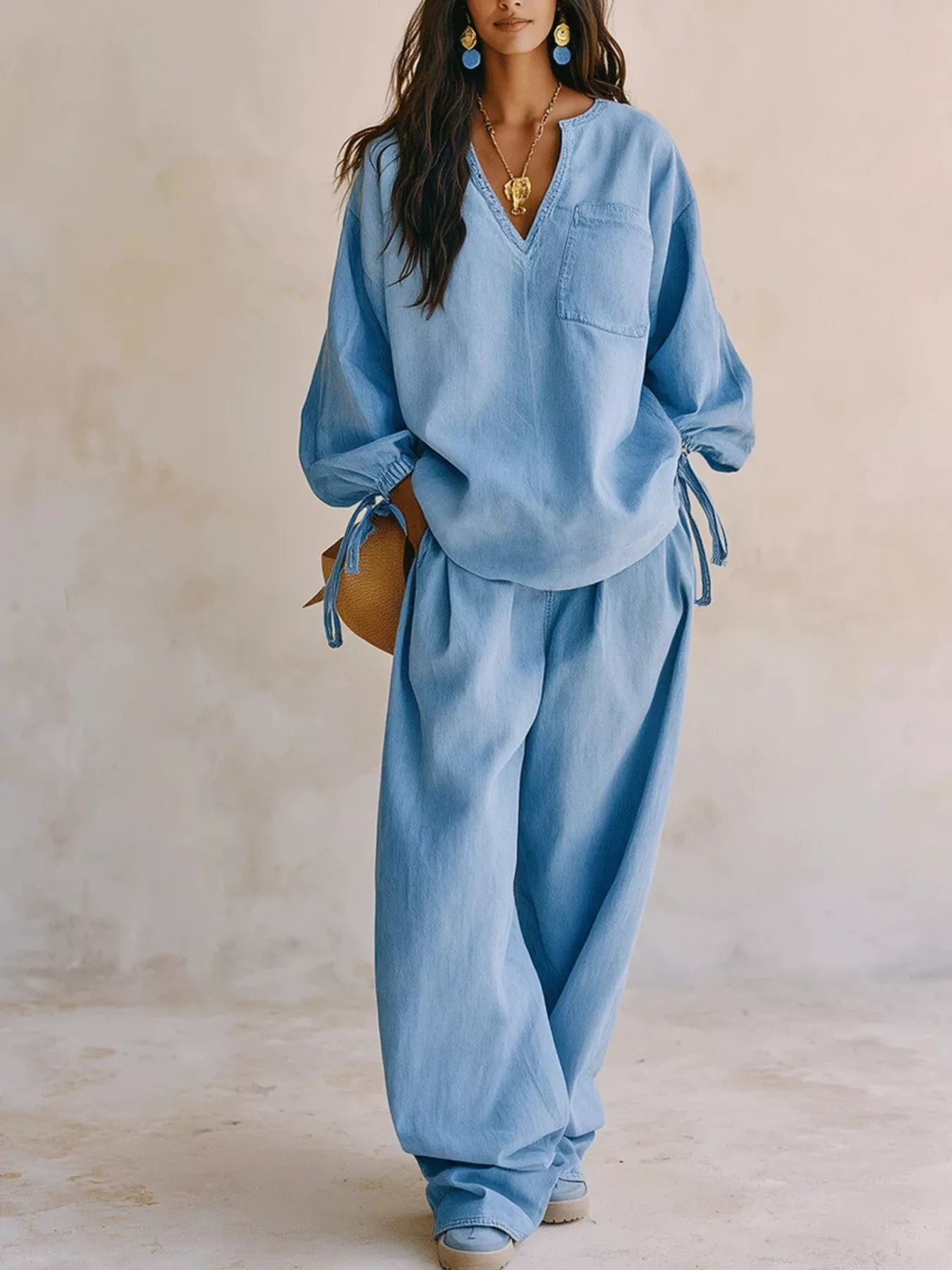 NEWYORKLISTED STYLE COLLECTION: A woman models a light blue linen two-piece set consisting of a long-sleeve V-neck top with tie details at the cuffs and matching wide-leg pants, set against a neutral textured beige wall.