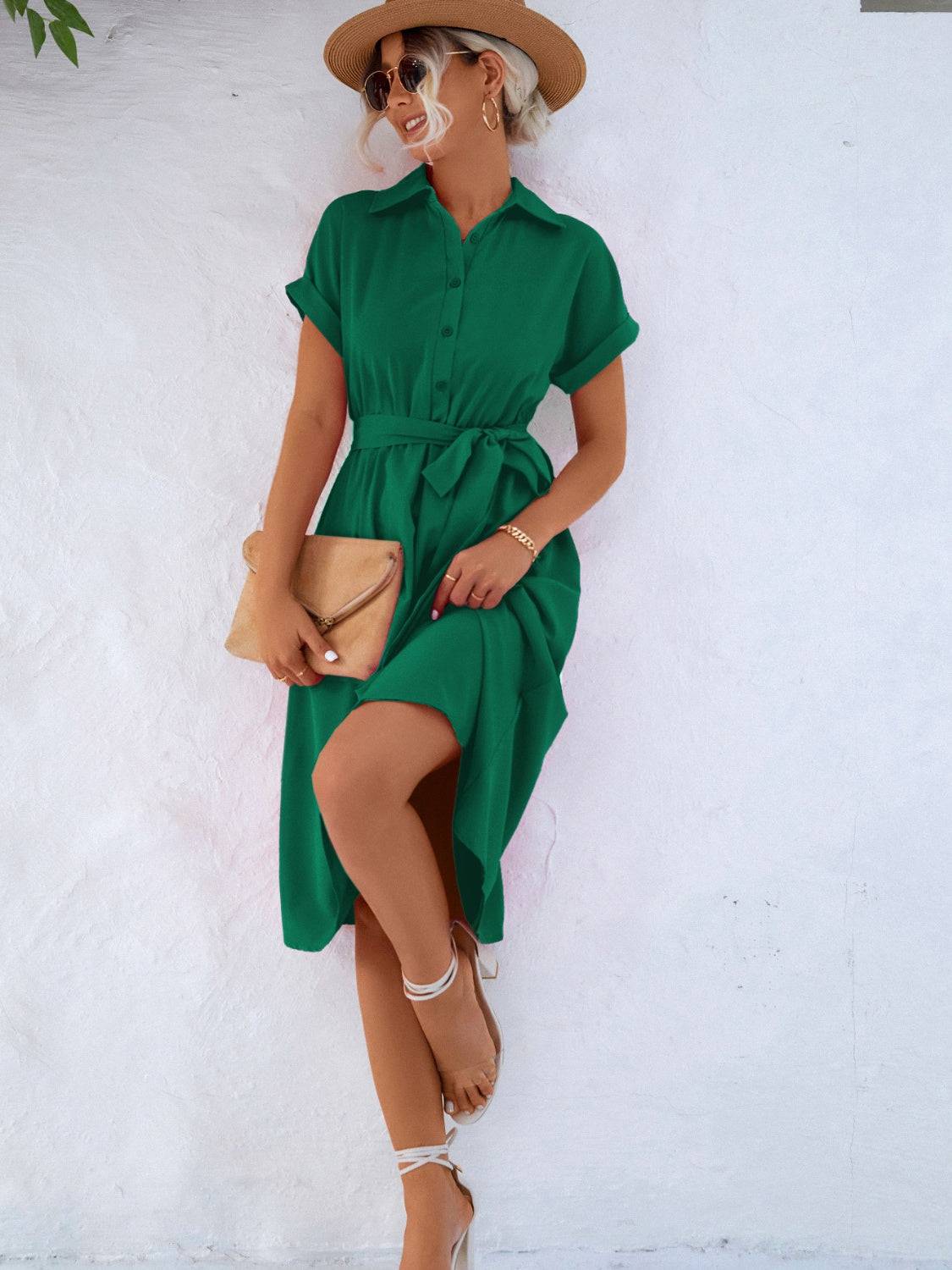 NYLD Buttoned Tie Waist Short Sleeve Dress - NEWYORKLISTED