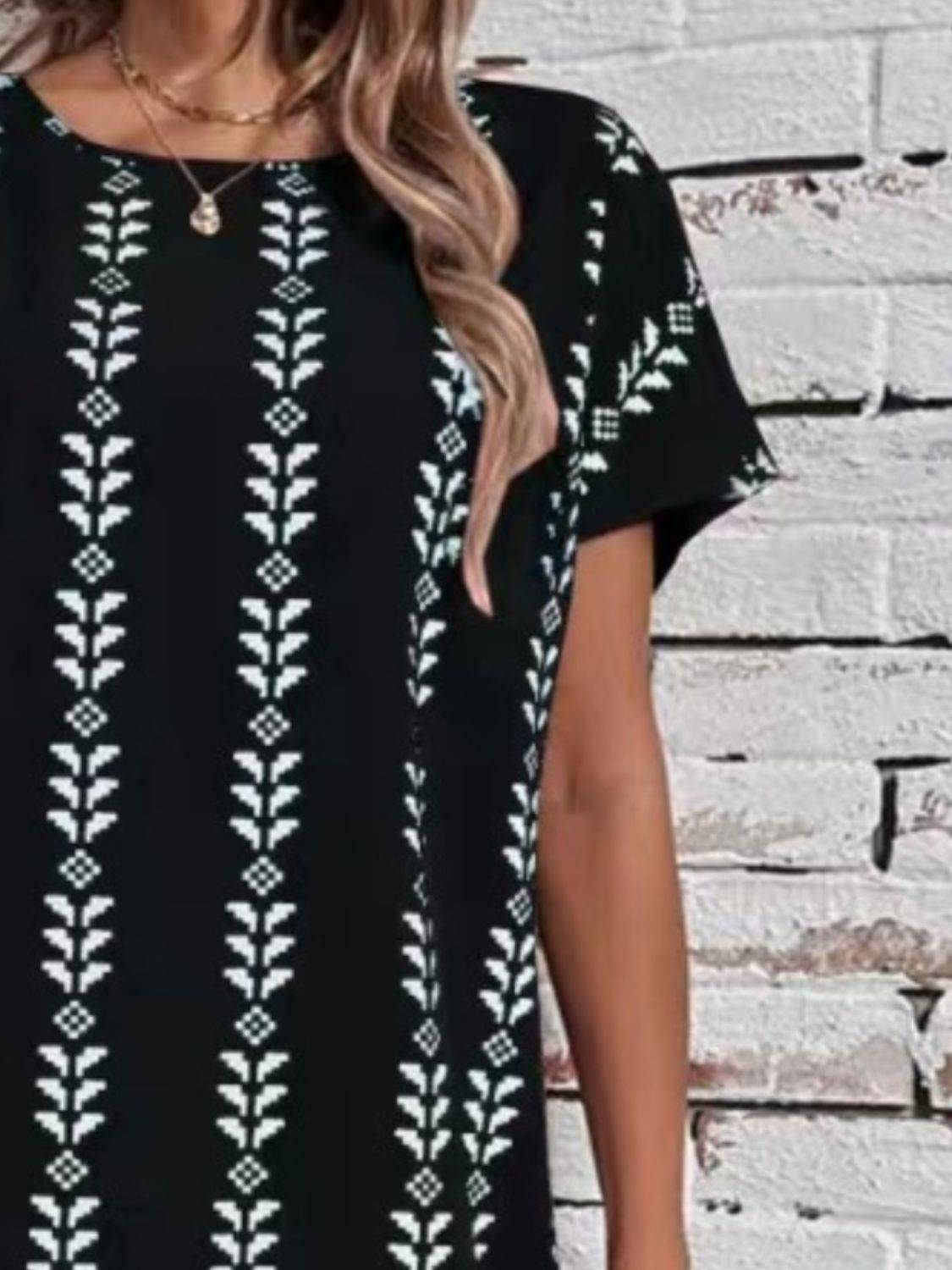 NYLD Wheat Motif Printed Round Neck Short Sleeve Dress - NEWYORKLISTED