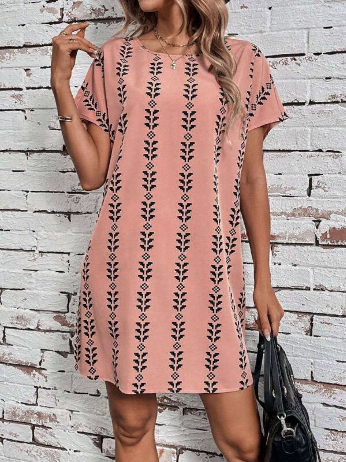 NYLD Wheat Motif Printed Round Neck Short Sleeve Dress - NEWYORKLISTED