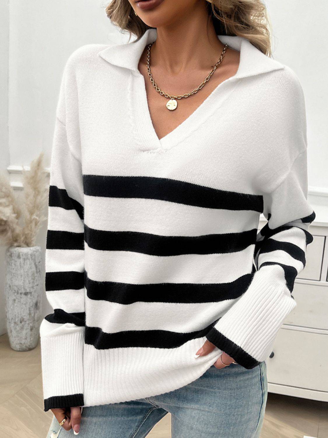 NYLD Striped Collared Neck Long Sleeve Sweater - NEWYORKLISTED