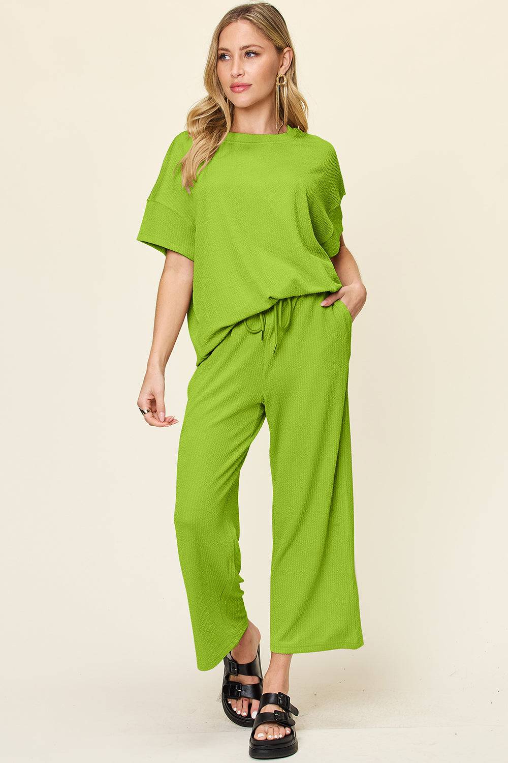 NEWYORKLISTED Bright Lime Green Two Piece Matching set Short Sleeve Shirt and Wide Leg Pants 