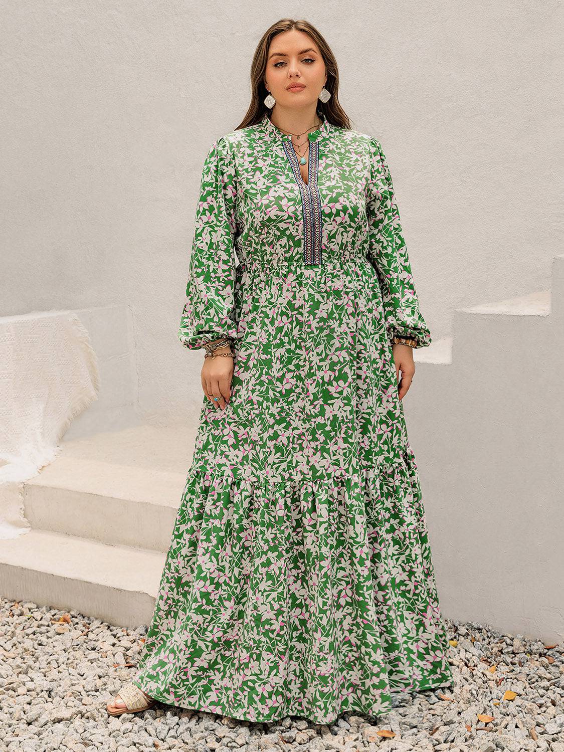 Plus Size Printed Notched Long Sleeve Maxi Dress - NEWYORKLISTED