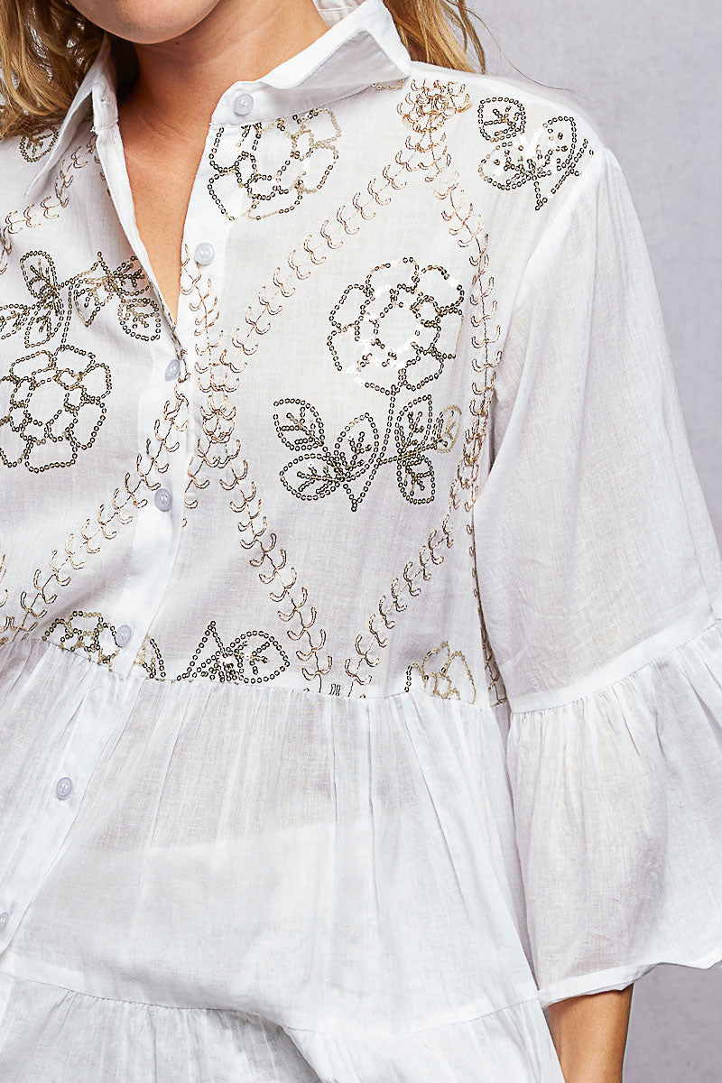 NEWYORKLISTED STYLE COLLECTION: White embroidered dress with floral patterns on a plain background