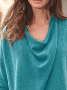 NEWYORKLISTED STYLE COLLECTION: Close-up of a person wearing a teal sweater with a blurred background