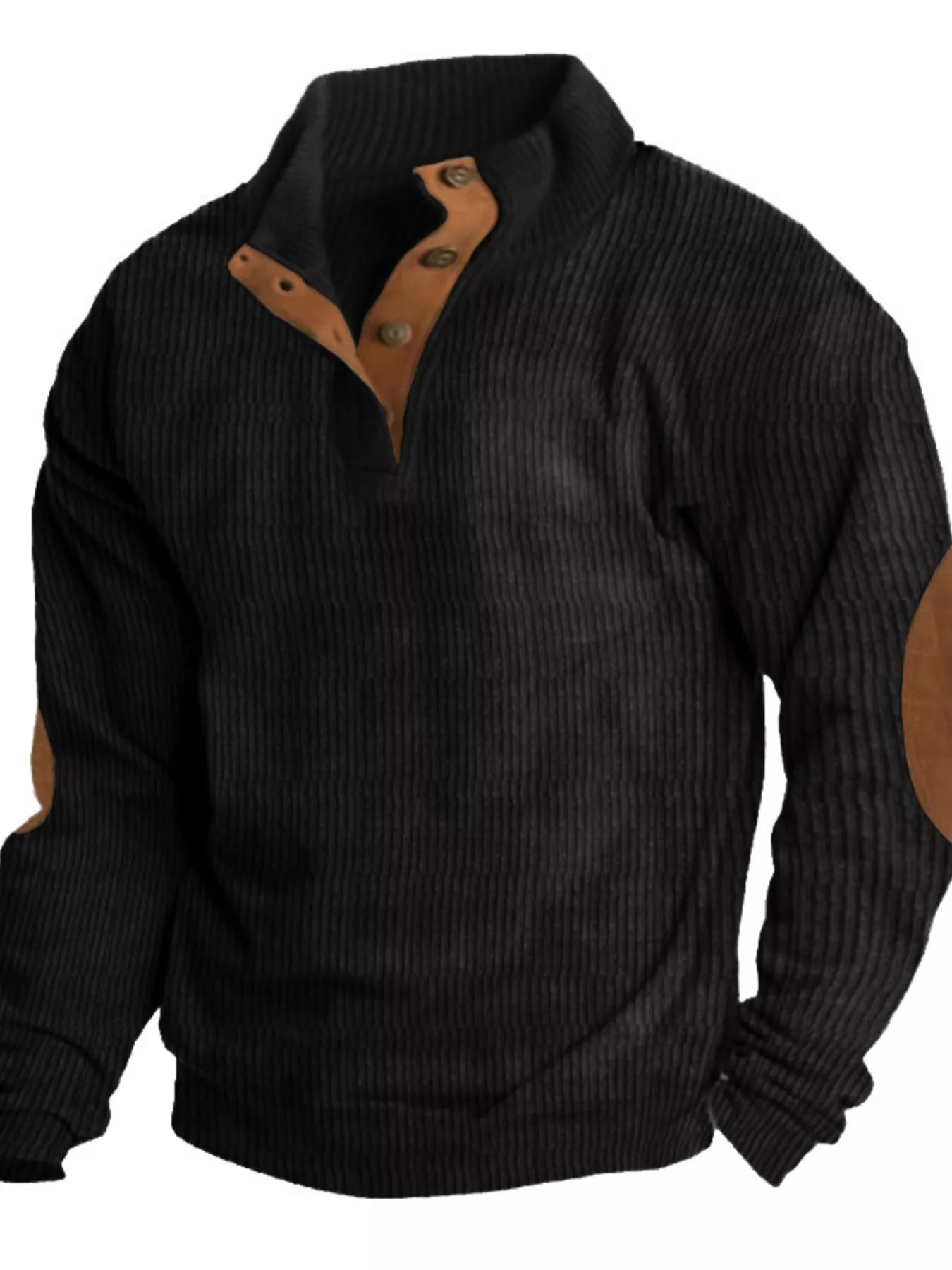 NEWYORKLISTED ATLAS MEN's COLLECTION: Black ribbed sweater with brown leather accents on a white background