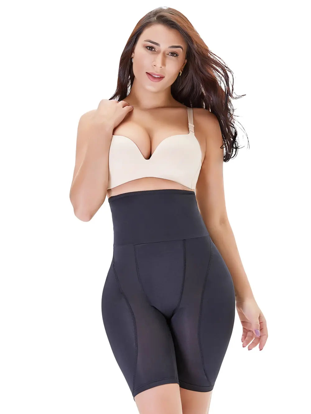 NEWYORKLISTED Intimate Apparel: Woman wearing a beige bra and black shapewear on a white background