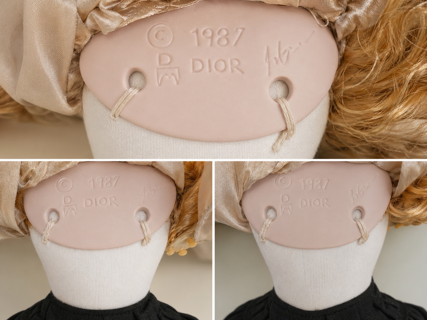 Close-up of a Dior label on a mannequin head with blonde hair.