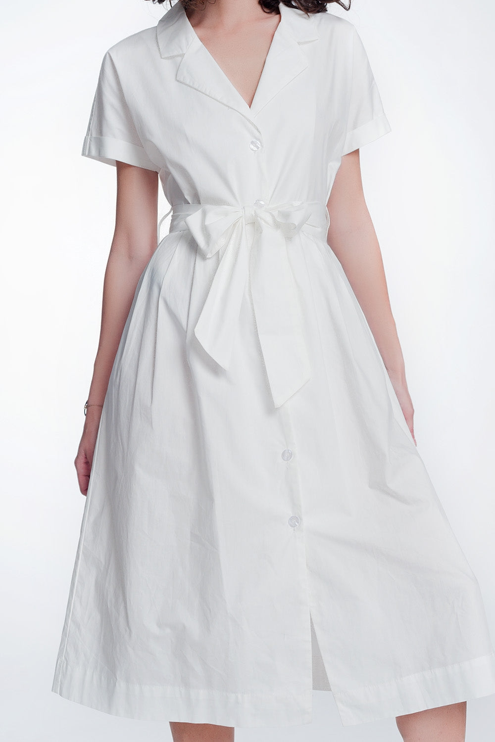 White Poplin Shirt Dress With Belt and Short Sleeve - NEWYORKLISTED