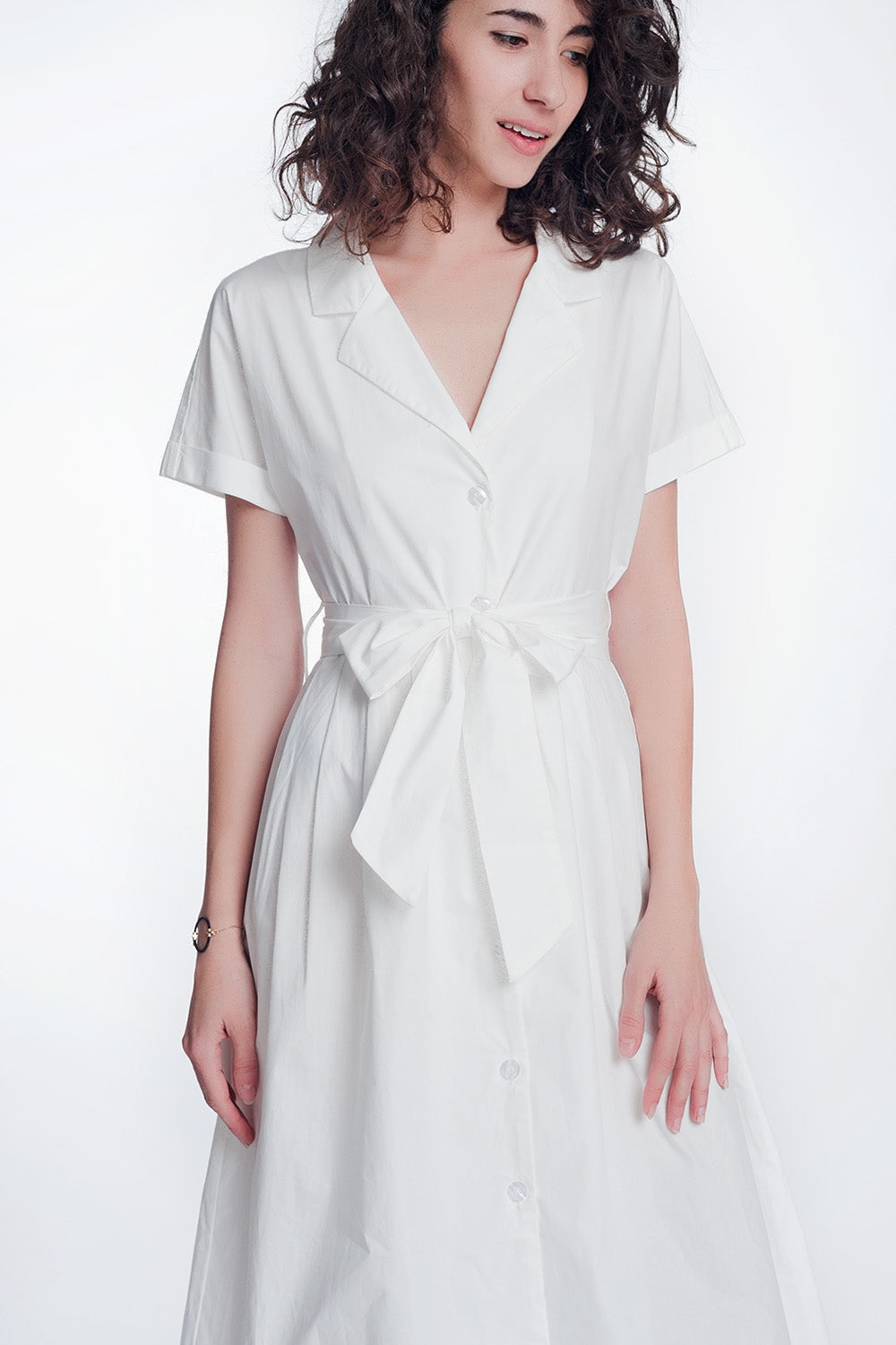 White Poplin Shirt Dress With Belt and Short Sleeve - NEWYORKLISTED