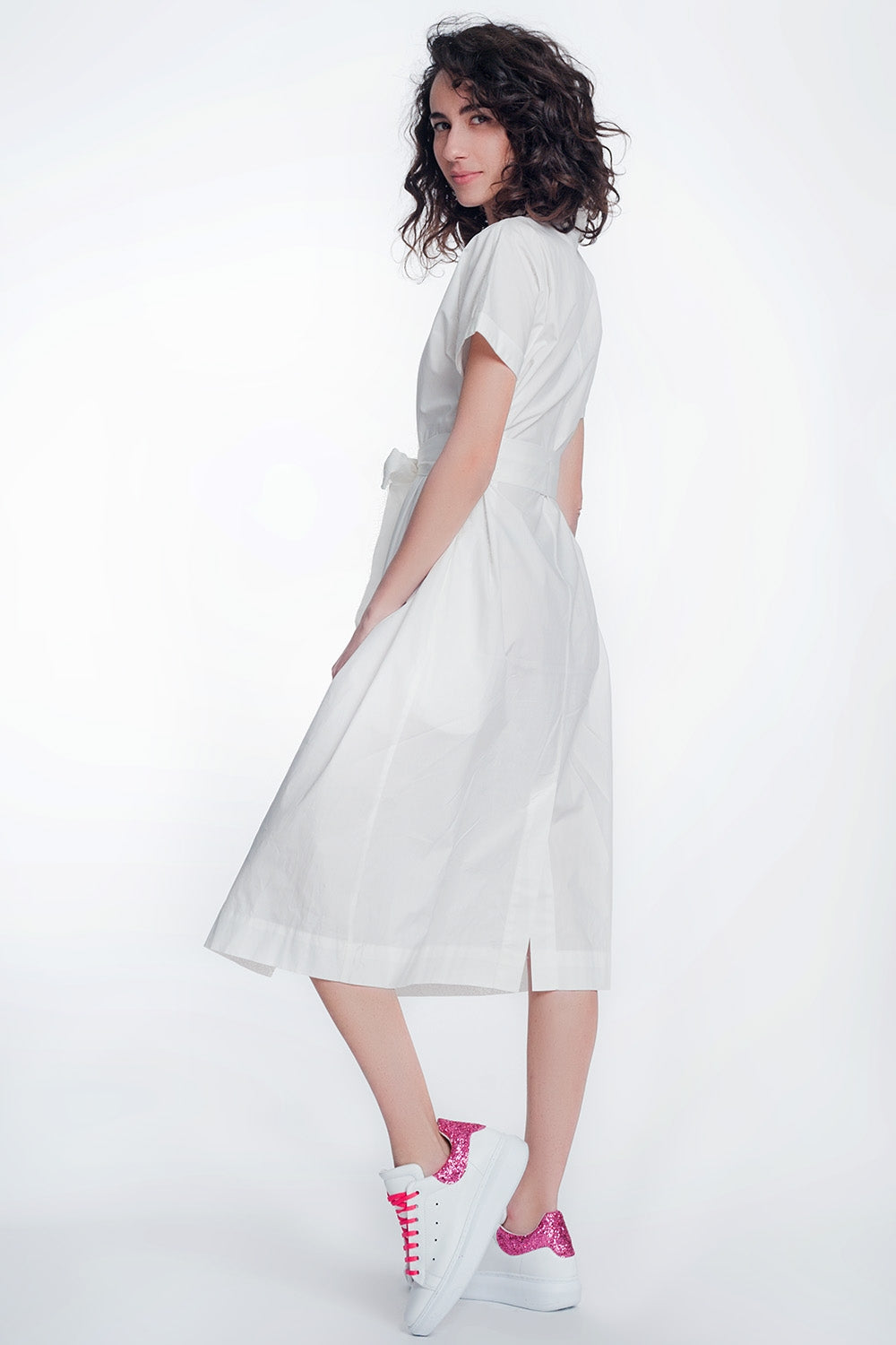White Poplin Shirt Dress With Belt and Short Sleeve - NEWYORKLISTED